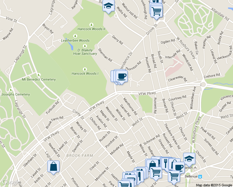 map of restaurants, bars, coffee shops, grocery stores, and more near 260 Manthorne Road in Boston