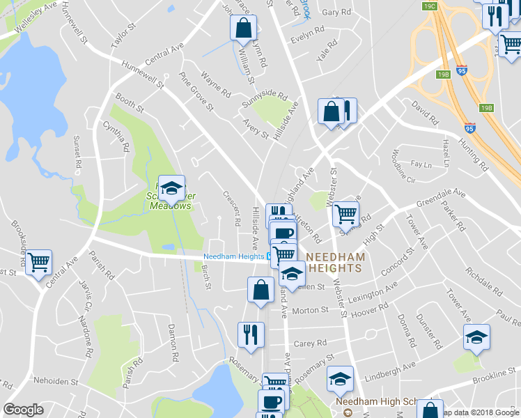 map of restaurants, bars, coffee shops, grocery stores, and more near 210 Hillside Avenue in Needham