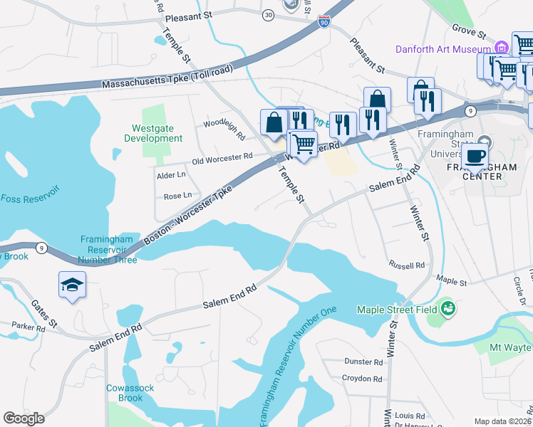 map of restaurants, bars, coffee shops, grocery stores, and more near 6 Reservoir Ridge Road in Framingham