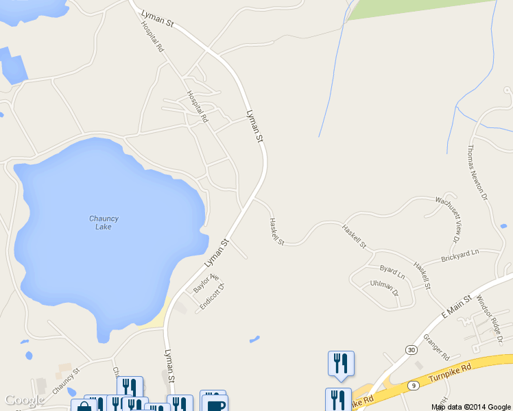 map of restaurants, bars, coffee shops, grocery stores, and more near 66 Haskell Street in Westborough