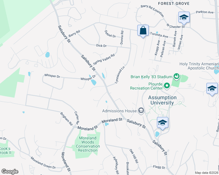 map of restaurants, bars, coffee shops, grocery stores, and more near 8 Lynnwood Lane in Worcester