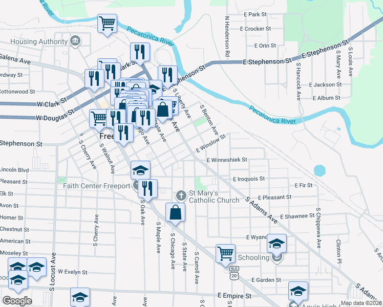 map of restaurants, bars, coffee shops, grocery stores, and more near 431 South Adams Avenue in Freeport