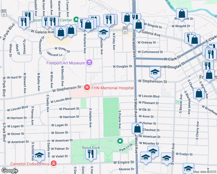 map of restaurants, bars, coffee shops, grocery stores, and more near 905 West Stephenson Street in Freeport