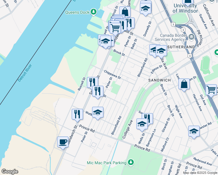 map of restaurants, bars, coffee shops, grocery stores, and more near 3461 Peter Street in Windsor