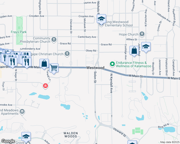 map of restaurants, bars, coffee shops, grocery stores, and more near 412 Sabin Street in Kalamazoo