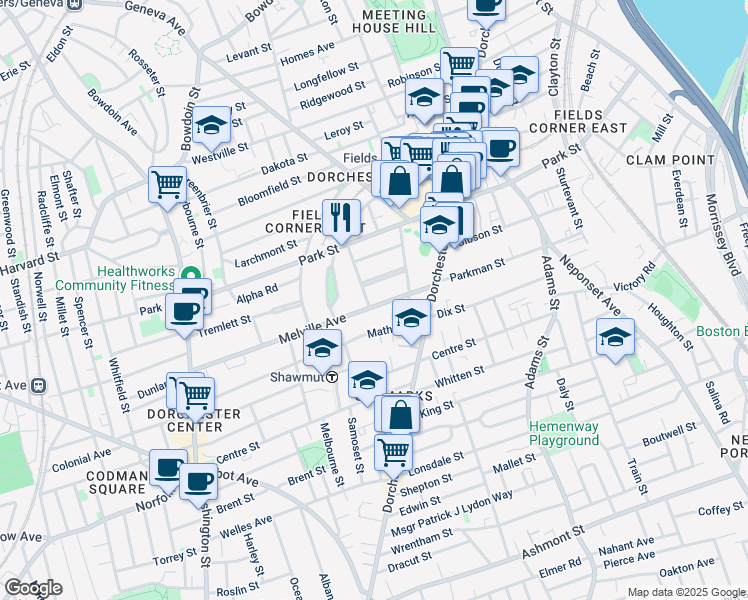 map of restaurants, bars, coffee shops, grocery stores, and more near 100 Melville Avenue in Boston