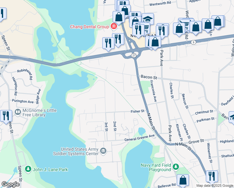 map of restaurants, bars, coffee shops, grocery stores, and more near 46 2nd Street in Natick