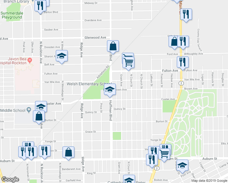 map of restaurants, bars, coffee shops, grocery stores, and more near 2121 Huffman Boulevard in Rockford