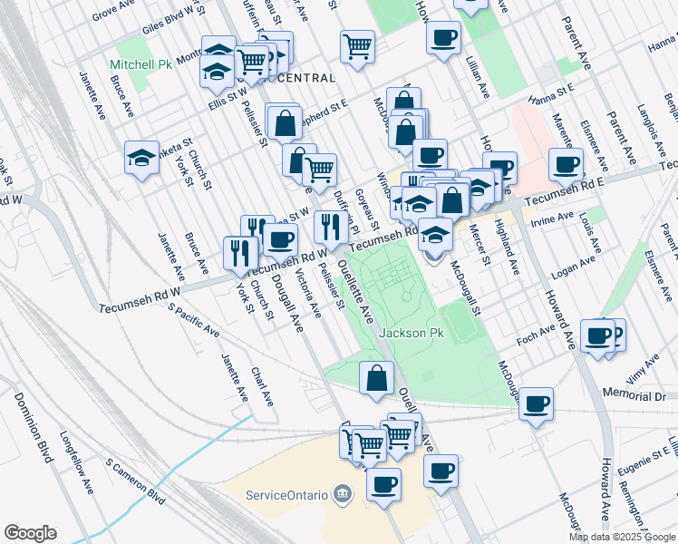 map of restaurants, bars, coffee shops, grocery stores, and more near 2144 Pelissier Street in Windsor