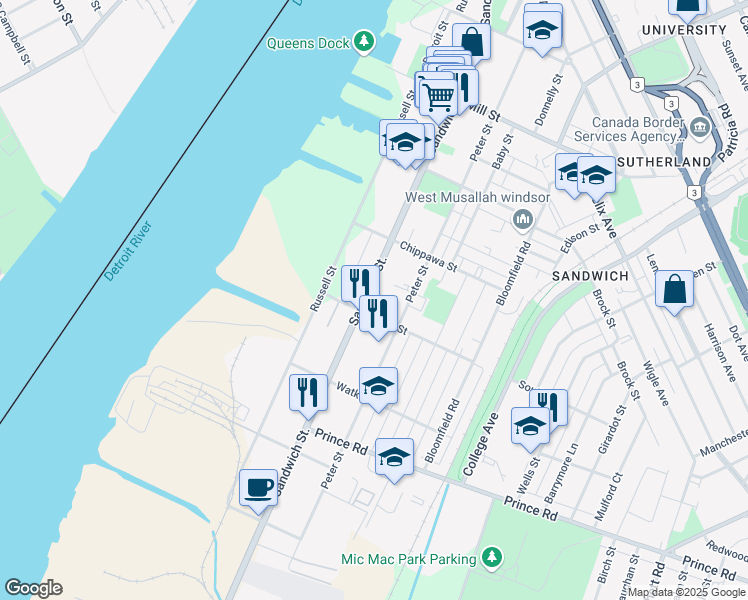 map of restaurants, bars, coffee shops, grocery stores, and more near 3483 Sandwich Street in Windsor