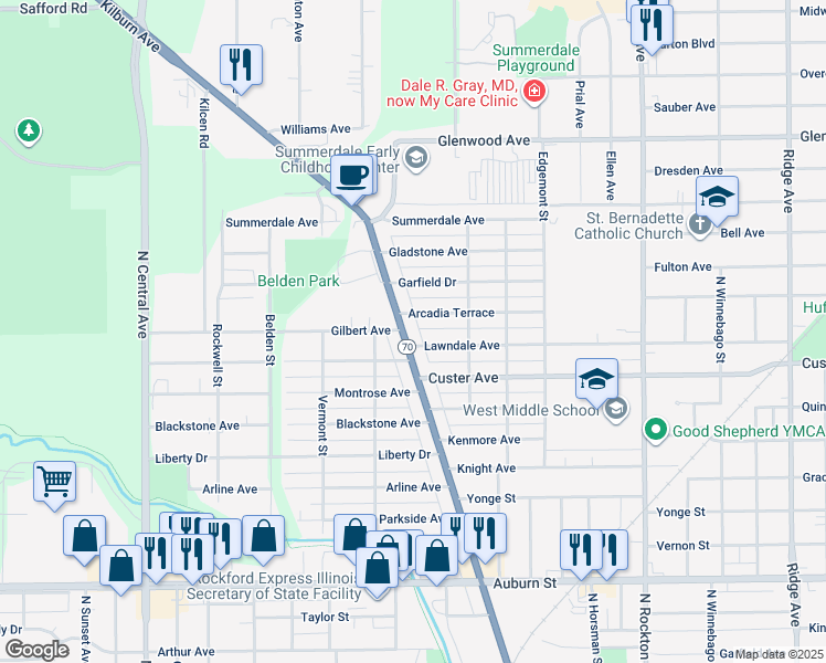 map of restaurants, bars, coffee shops, grocery stores, and more near 2220 Illinois 70 in Rockford