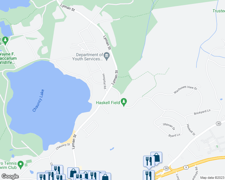 map of restaurants, bars, coffee shops, grocery stores, and more near 68 Haskell Street in Westborough