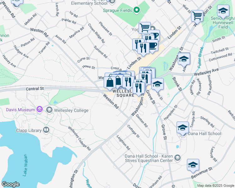 map of restaurants, bars, coffee shops, grocery stores, and more near 74 Church Street in Wellesley