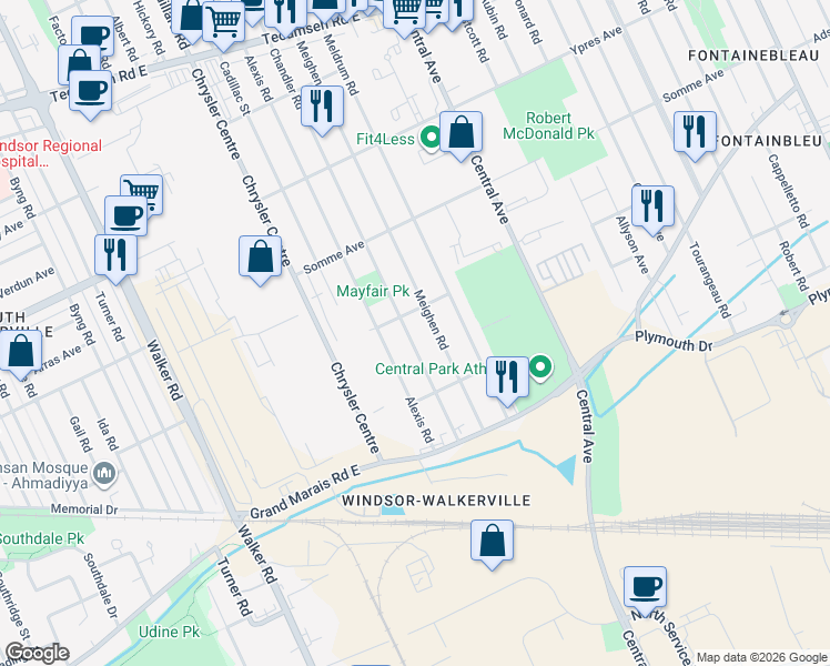map of restaurants, bars, coffee shops, grocery stores, and more near 2624 Chandler Road in Windsor