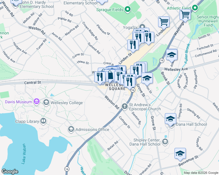 map of restaurants, bars, coffee shops, grocery stores, and more near 72 Church Street in Wellesley