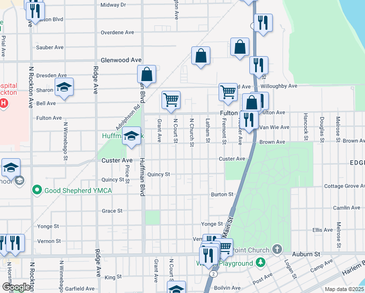 map of restaurants, bars, coffee shops, grocery stores, and more near 1518 Brown Avenue in Rockford