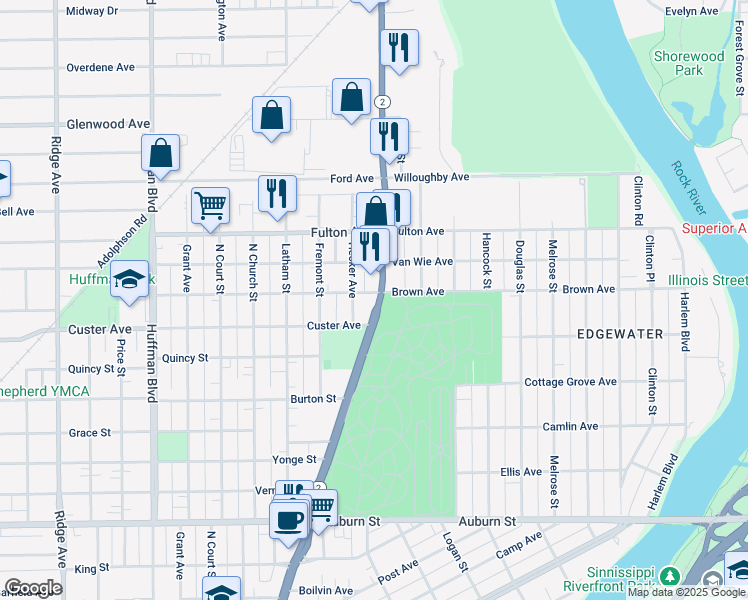 map of restaurants, bars, coffee shops, grocery stores, and more near 2126 North Main Street in Rockford