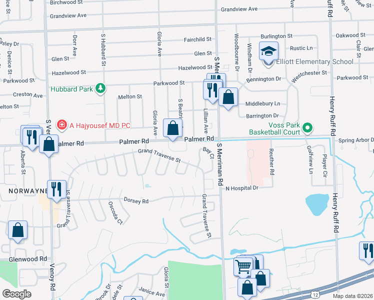 map of restaurants, bars, coffee shops, grocery stores, and more near 31744 Kara Lane in Westland