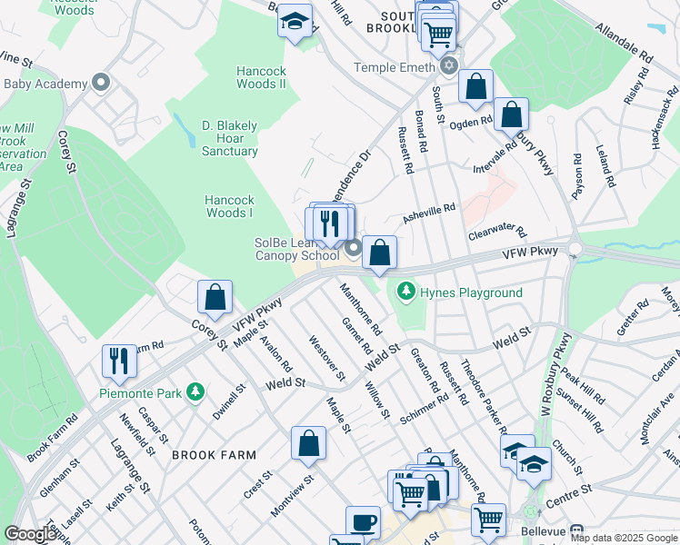 map of restaurants, bars, coffee shops, grocery stores, and more near 260 Manthorne Road in Boston