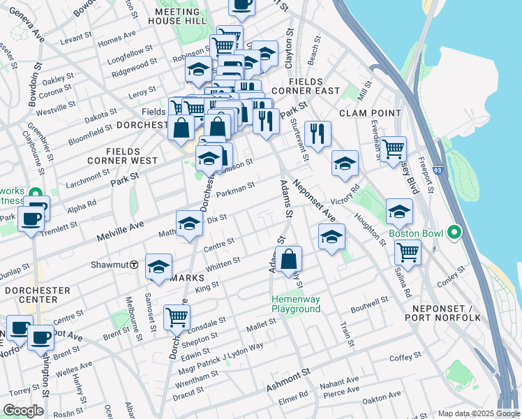 map of restaurants, bars, coffee shops, grocery stores, and more near 77 Dix Street in Boston