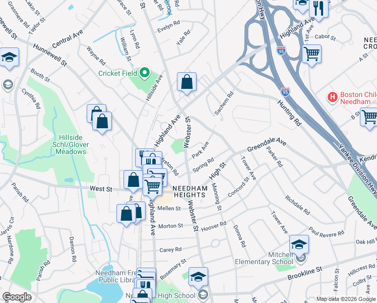 map of restaurants, bars, coffee shops, grocery stores, and more near 354 Webster Street in Needham