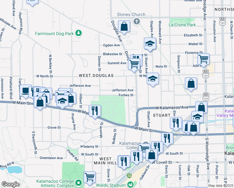 map of restaurants, bars, coffee shops, grocery stores, and more near 1236 Forbes Street in Kalamazoo
