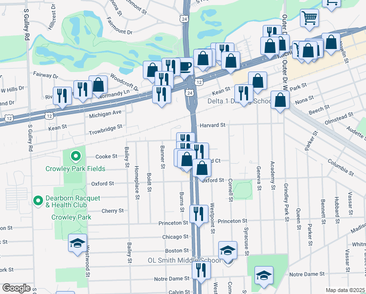 map of restaurants, bars, coffee shops, grocery stores, and more near 2200 South Telegraph Road in Dearborn