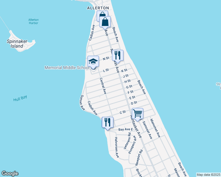 map of restaurants, bars, coffee shops, grocery stores, and more near 39 G Street in Hull