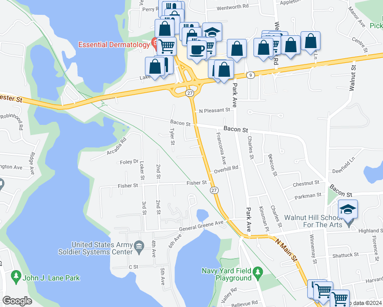 map of restaurants, bars, coffee shops, grocery stores, and more near 7 Jackson Court in Natick