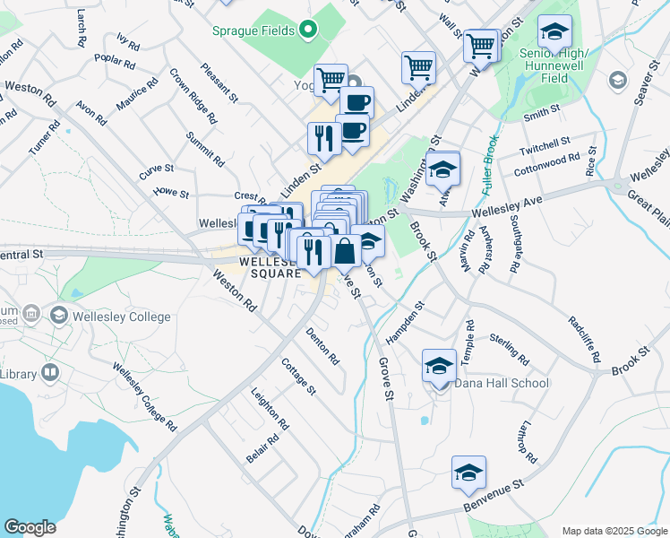 map of restaurants, bars, coffee shops, grocery stores, and more near 40 Grove Street in Wellesley