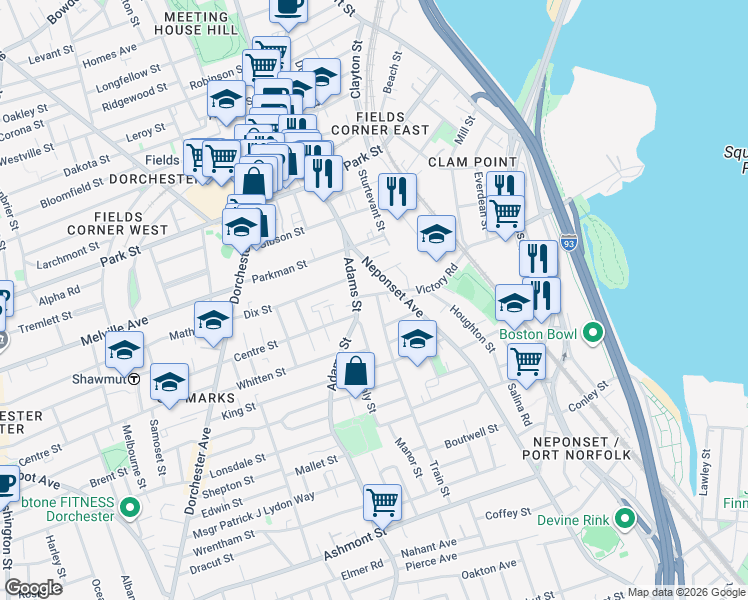 map of restaurants, bars, coffee shops, grocery stores, and more near 16 Train Street in Boston