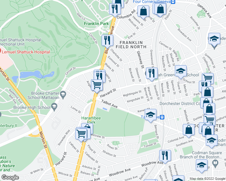 map of restaurants, bars, coffee shops, grocery stores, and more near Harvard St & Abbot St in Boston