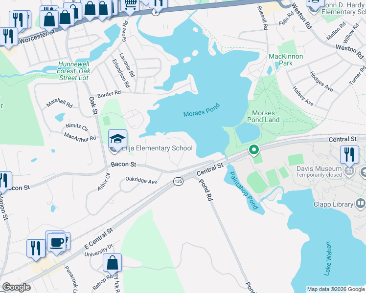 map of restaurants, bars, coffee shops, grocery stores, and more near 24 College Road in Wellesley