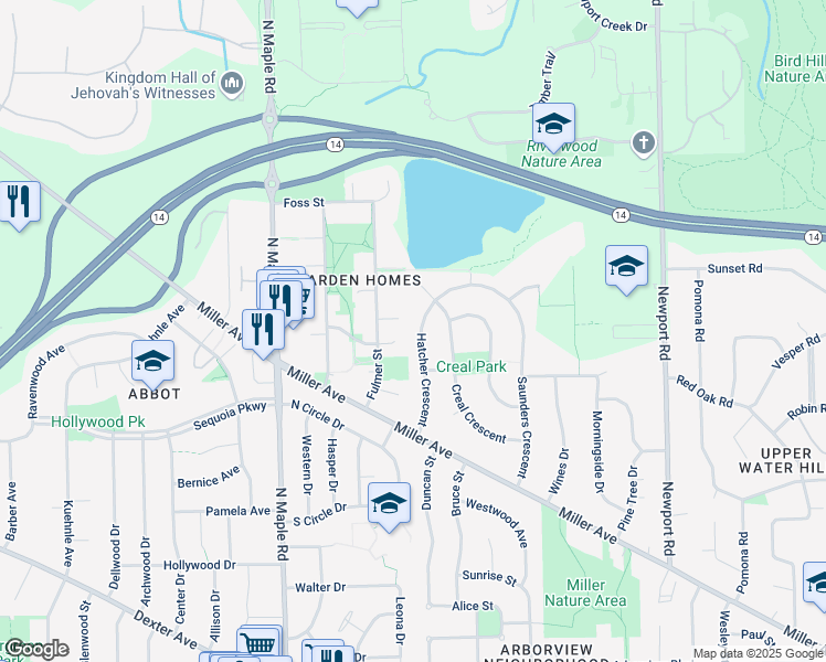 map of restaurants, bars, coffee shops, grocery stores, and more near 1534 Hatcher Crescent in Ann Arbor