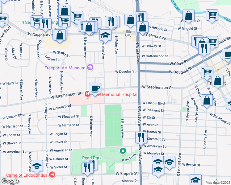 map of restaurants, bars, coffee shops, grocery stores, and more near 905 West Stephenson Street in Freeport