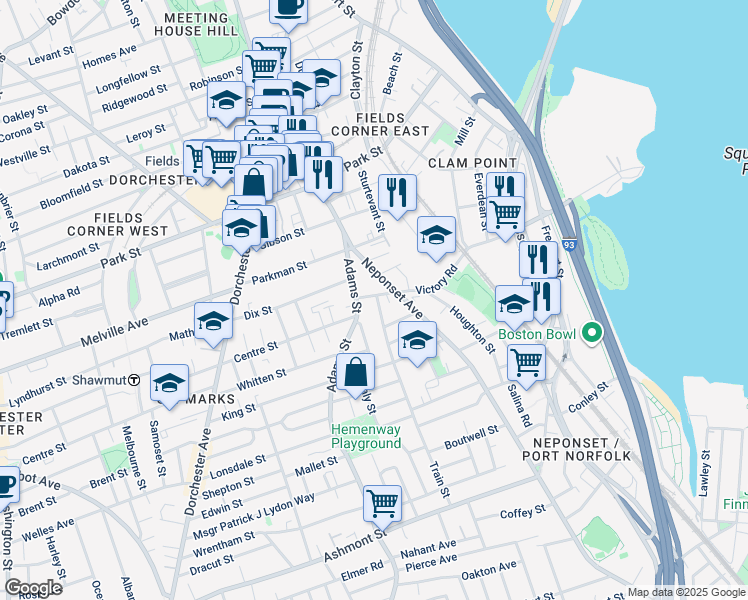 map of restaurants, bars, coffee shops, grocery stores, and more near 16 Train Street in Boston