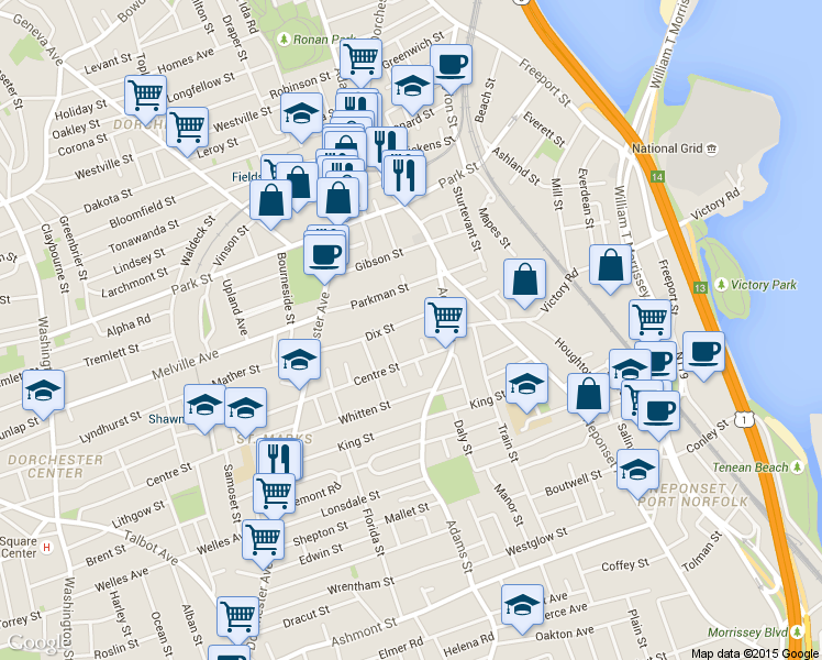 map of restaurants, bars, coffee shops, grocery stores, and more near 77 Dix Street in Boston