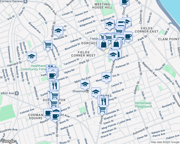 map of restaurants, bars, coffee shops, grocery stores, and more near 50 Wellesley Park in Boston