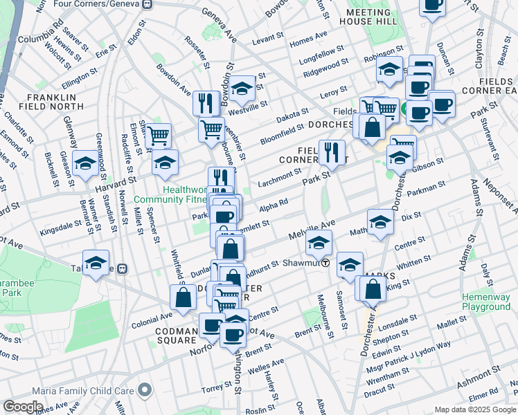 map of restaurants, bars, coffee shops, grocery stores, and more near 54 Alpha Road in Boston