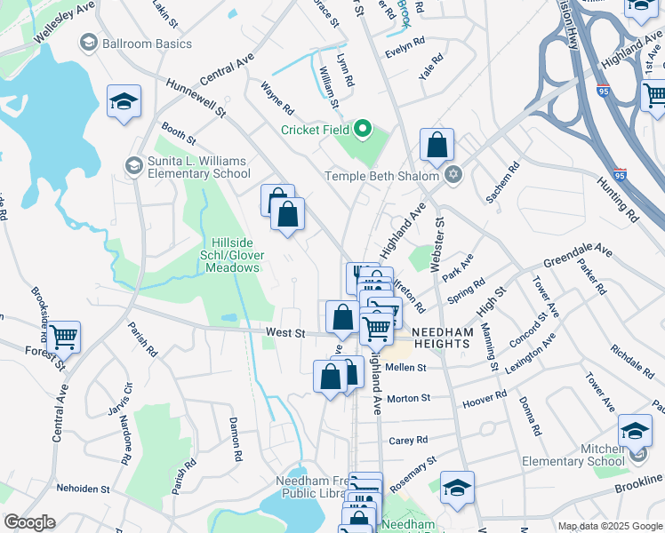 map of restaurants, bars, coffee shops, grocery stores, and more near 65 Crescent Road in Needham
