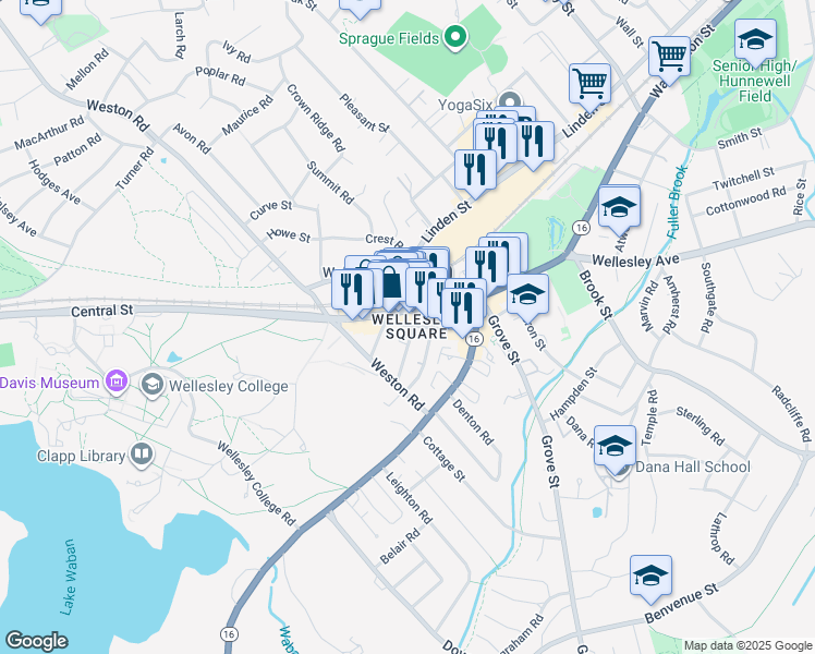 map of restaurants, bars, coffee shops, grocery stores, and more near 66 Church Street in Wellesley