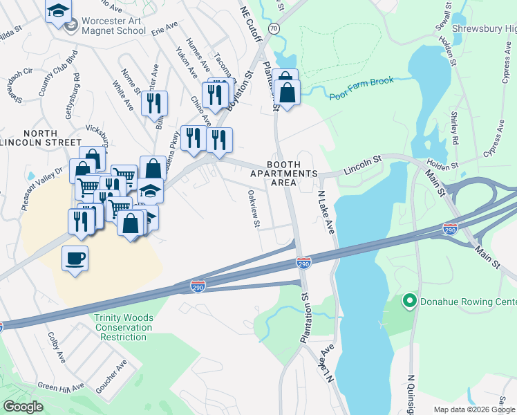 map of restaurants, bars, coffee shops, grocery stores, and more near 24 Amesbury Street in Worcester