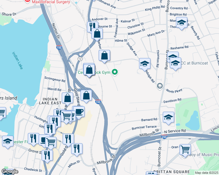 map of restaurants, bars, coffee shops, grocery stores, and more near 300 Barber Avenue in Worcester