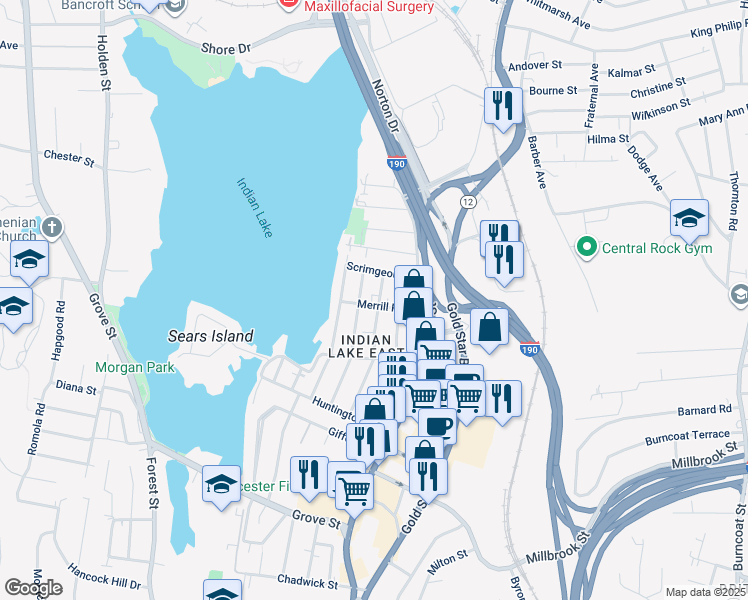 map of restaurants, bars, coffee shops, grocery stores, and more near 91 Tower Street in Worcester