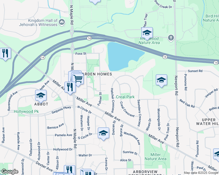 map of restaurants, bars, coffee shops, grocery stores, and more near 1534 Hatcher Crescent in Ann Arbor