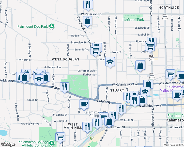 map of restaurants, bars, coffee shops, grocery stores, and more near 1121 Forbes Street in Kalamazoo