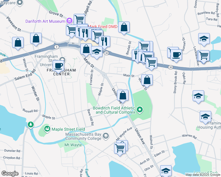 map of restaurants, bars, coffee shops, grocery stores, and more near 596 Union Avenue in Framingham