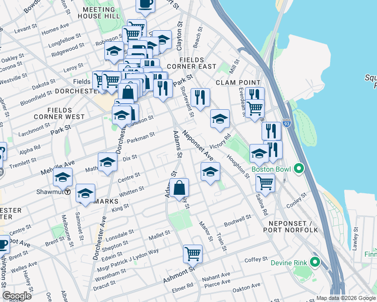 map of restaurants, bars, coffee shops, grocery stores, and more near 16 Train Street in Boston