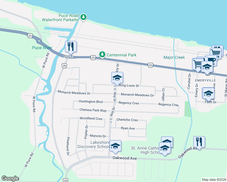 map of restaurants, bars, coffee shops, grocery stores, and more near 1086 Monarch Meadows Drive in Belle River