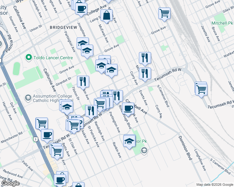 map of restaurants, bars, coffee shops, grocery stores, and more near in Windsor